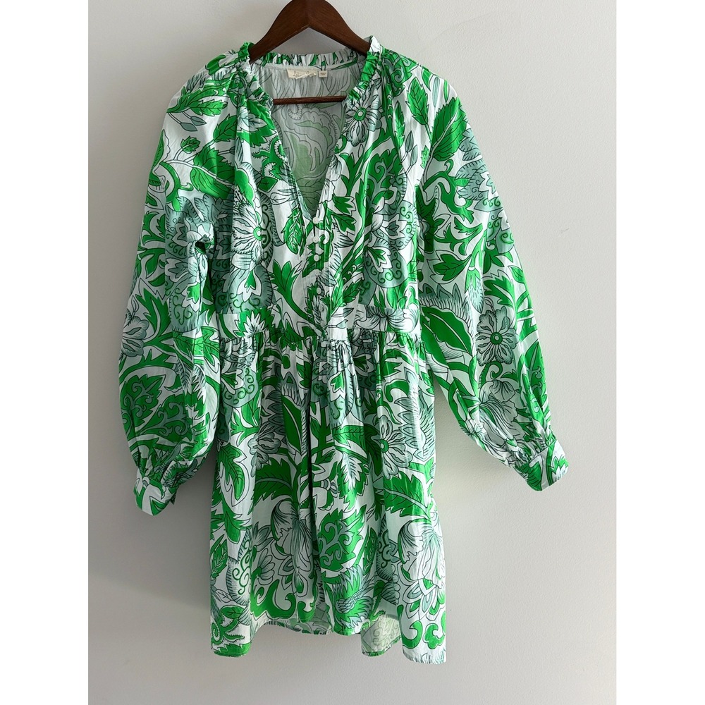 Let Them Be Anthropologie Green White Floral Paisley Mini Dress Balloon Sleeve S